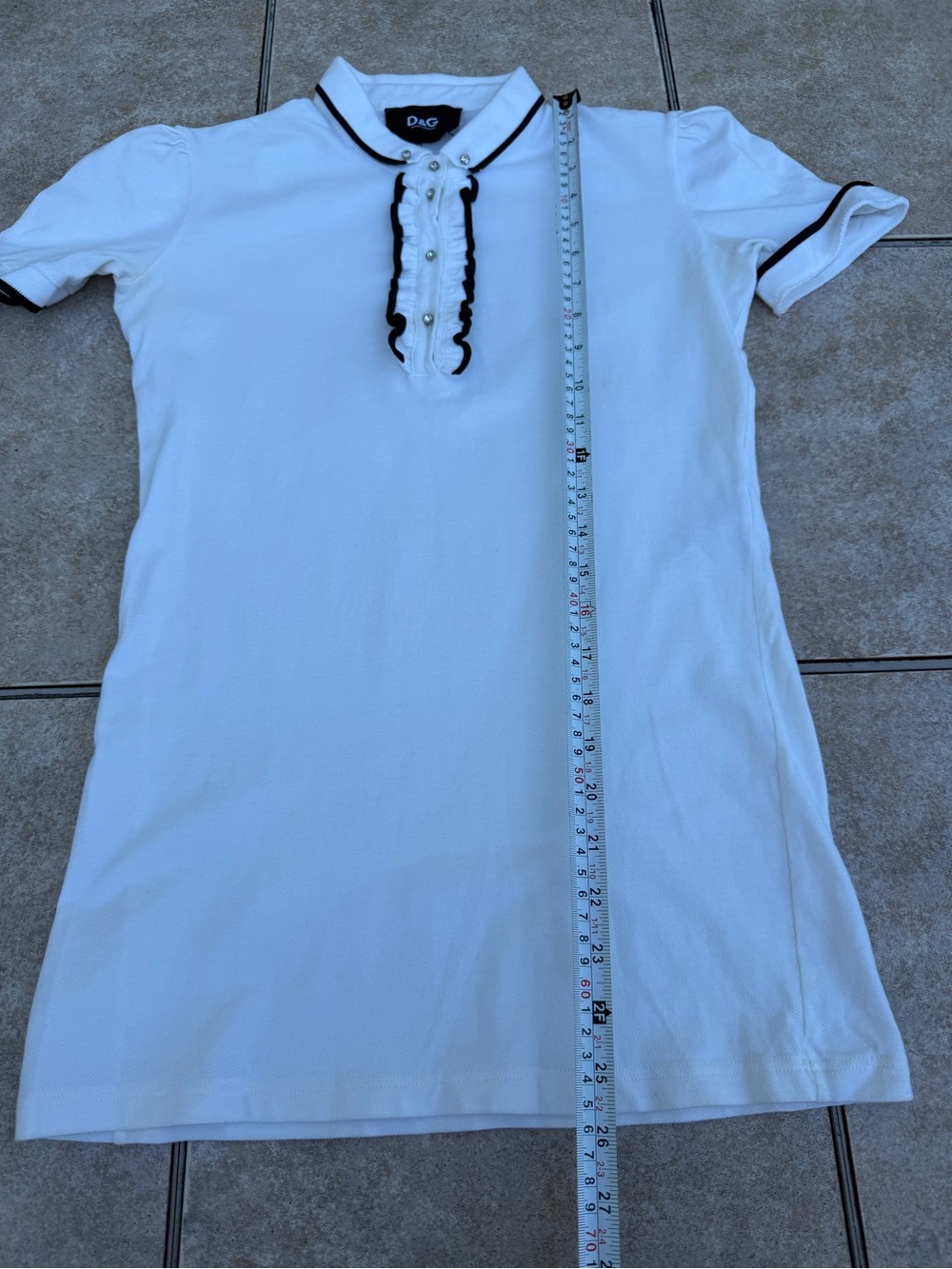 Dolce & Gabbana D&G White Black Trim Ruffle Polo Top Rhinestone Buttons Cotton - Picture 8 of 15